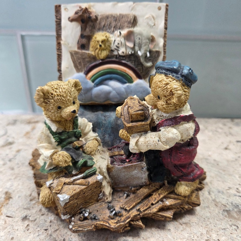 Vintage Teddy bears Noahs Ark Music Box Figurine Bears Painting Rainbow